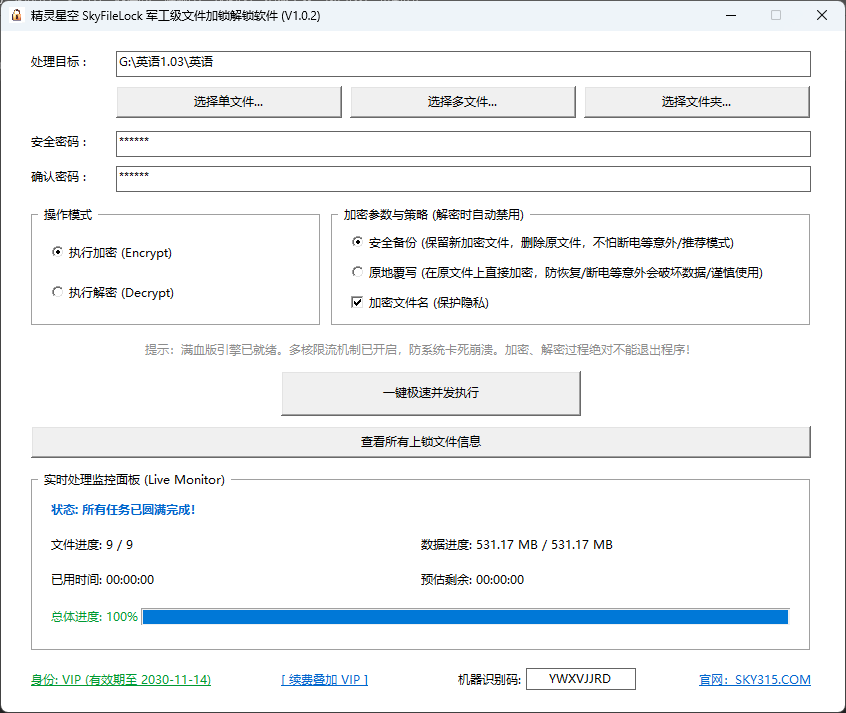 输入加密密码，多核并发加密文件
